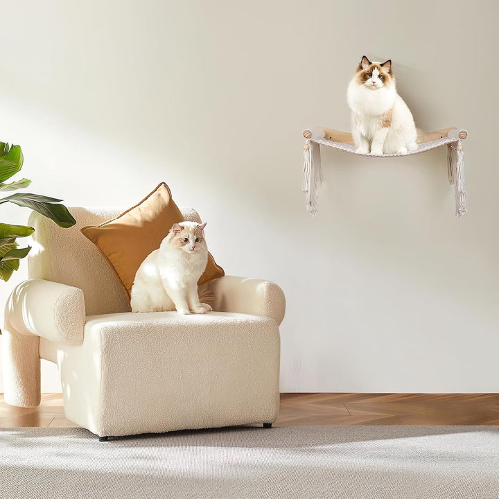 Makramee-Katzen-Wandregal & Hängematte - Gemütliche Katzenbetten mit Fensterplatz für Indoor-Spass,