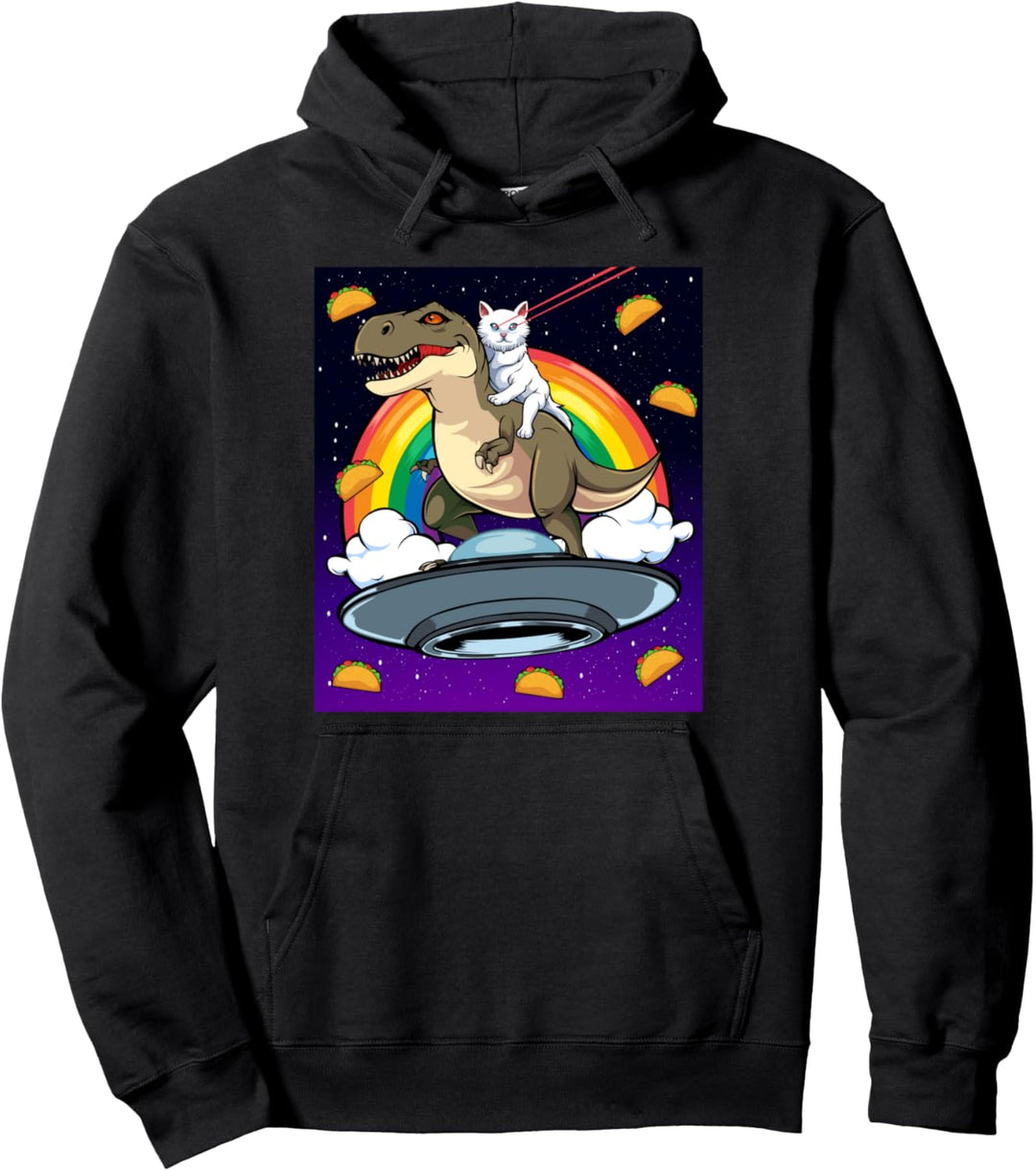 Taco Kitty Rainbow Laser Eye T-Rex Riding Space Cat Dinosaurier Pullover Hoodie