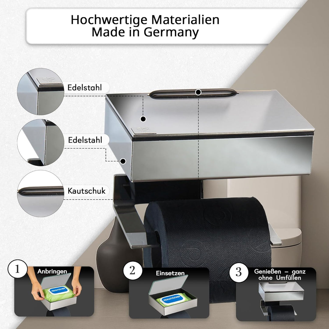Toilettenpapierhalter mit Feuchttücherbox - Gehäuse Poliert & Abdeckung Edelstahl - befüllbar von Re