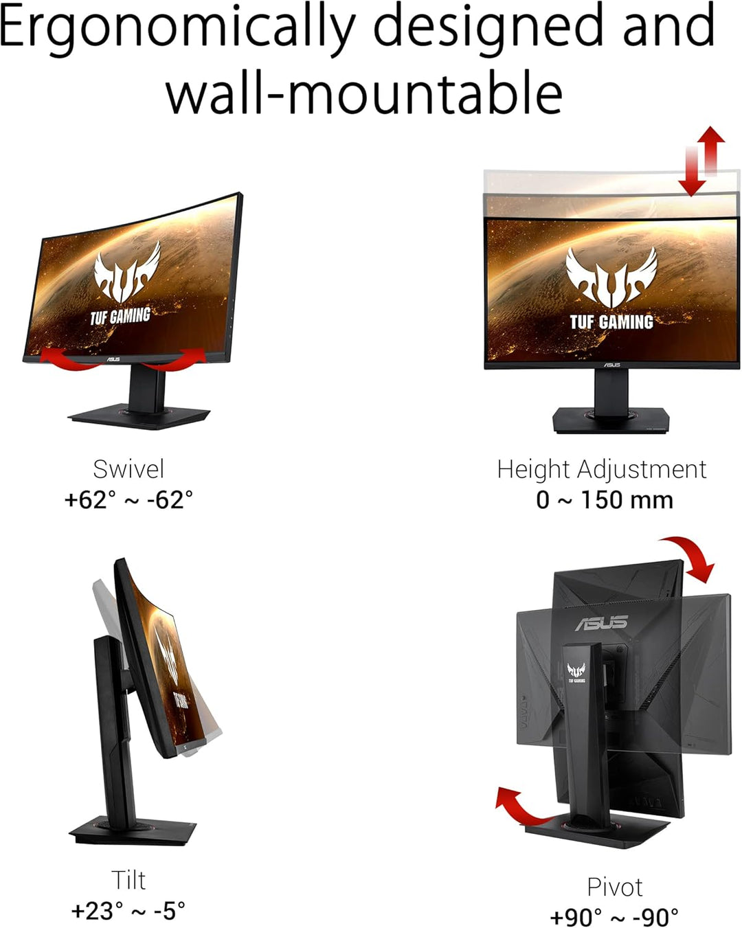 ASUS TUF Gaming VG24VQR | 24 Zoll Full HD Curved Monitor | 165 Hz, 1ms MPRT, FreeSync Premium | VA P