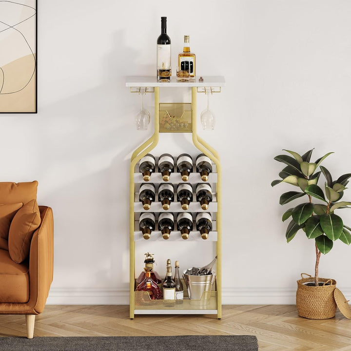 Garvee Weinregal Gold mit Glashalter, freistehendes Flaschenregal für 12 Flaschen, schmales Barregal