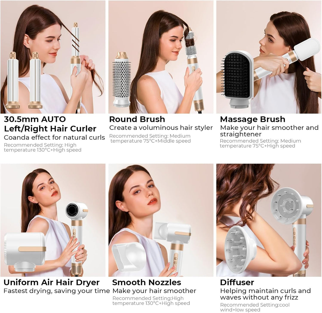 Airstyler 7 in 1,Multi-Hairstyler Set 1400w Föhn mit Diffusor Haartrockner mit 3 Temperatur, 30mm Ai