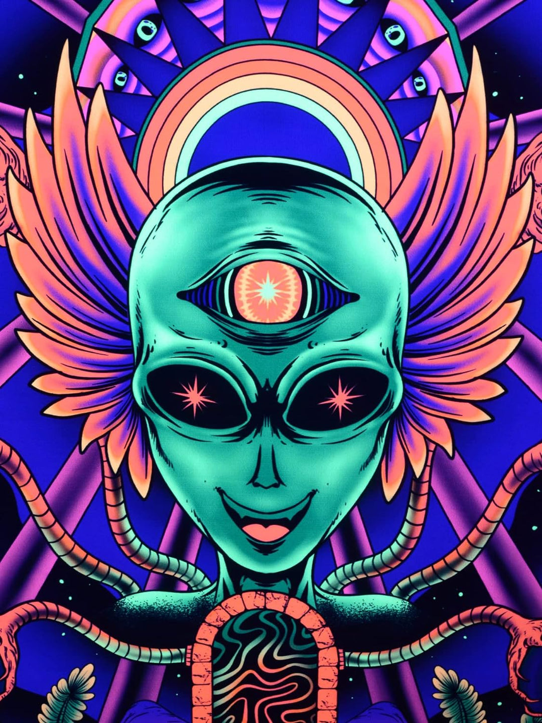 PSYWORK Schwarzlicht Stoffposter Neon | Alien Godness | 0,6 x 0,9m | UV-aktiv | fluoreszierend | Wan