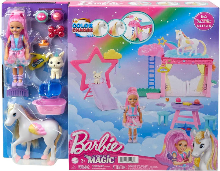 Barbie Ein Verborgener Zauber - Chelsea-Puppe und Baby-Pegasus Spielset mit Stall, Rutsche, Regendus