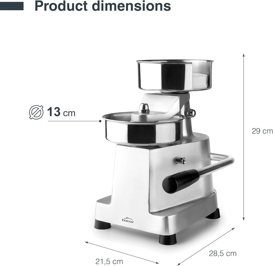 Lacor - 60227 - Hamburgerpresse, Edelstahl, Hebelmechanik, 500 Abstandshalter, Rutschfest, Leicht zu