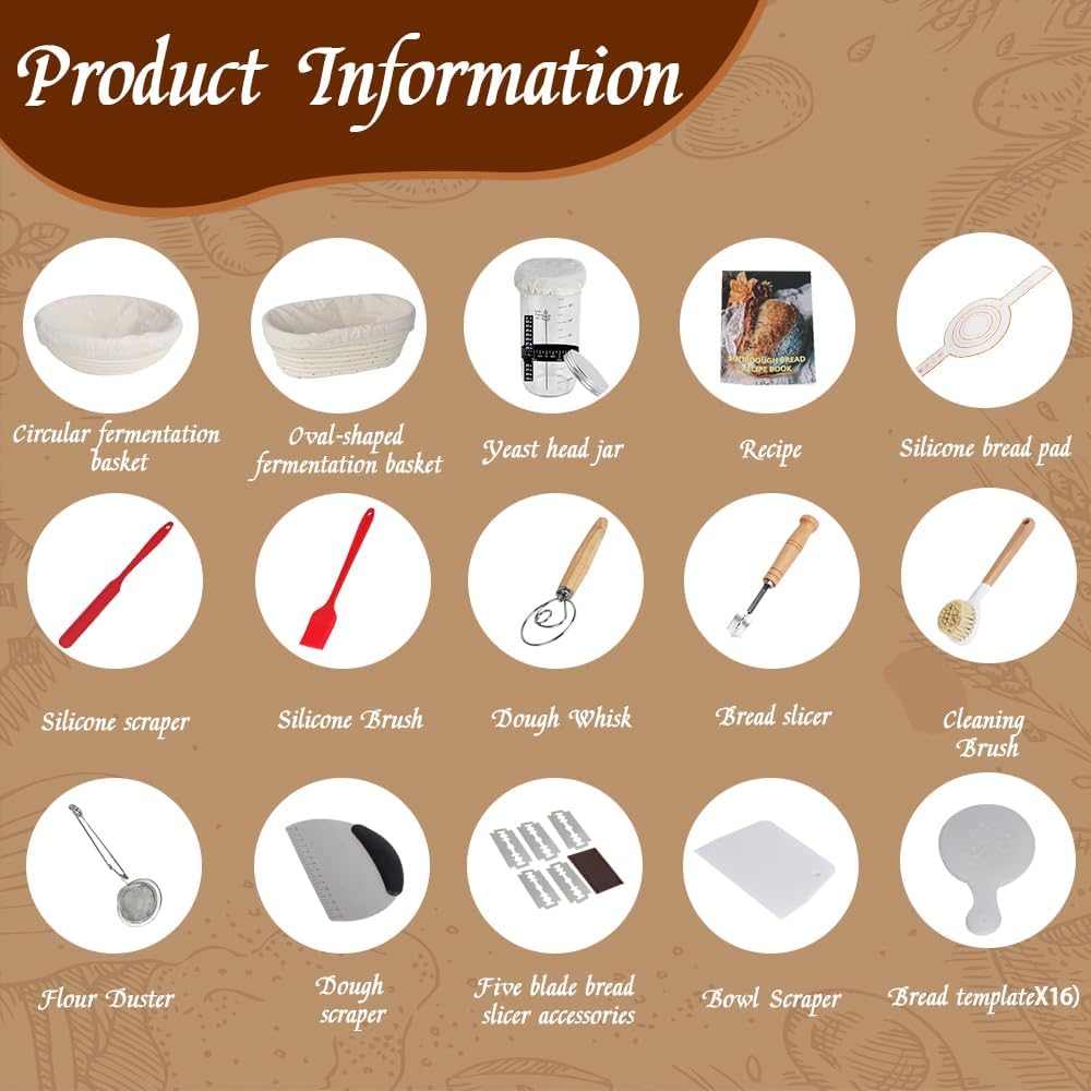 Sauerteig Starter Set, 18-teilig Rund & Oval GärkörbchenSet, Brotbacken Startver Set, Brot Backen Zu