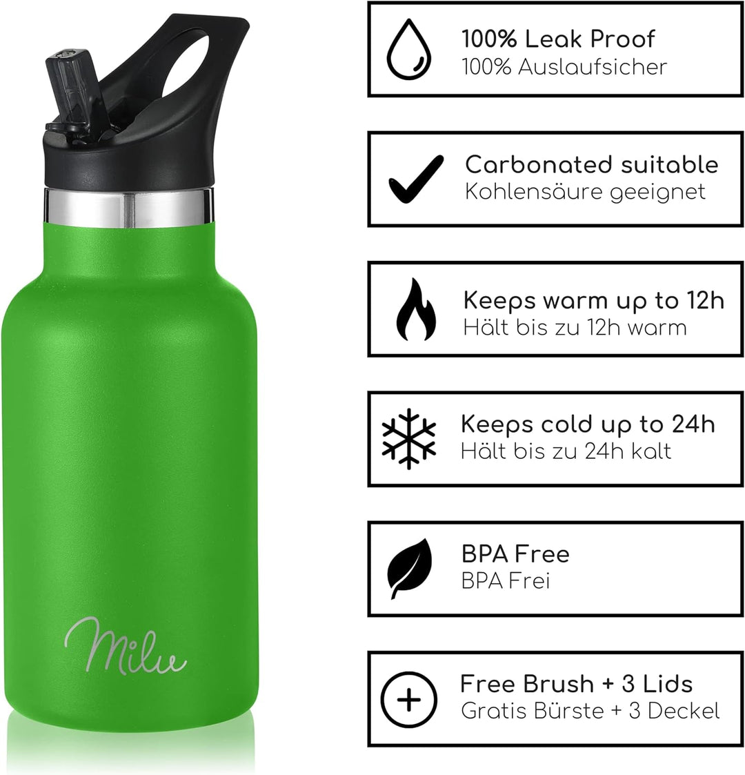 Milu Edelstahl Trinkflasche 350ml 500ml 750ml 1000ml (+3 Deckel) Thermosflasche mit Strohhalm Isolie