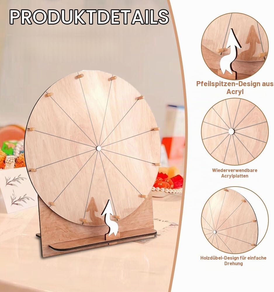 Glücksrad zum Drehen, 12 Steckplätze Gluecksrad Holz, 30CM Glücksrad mit Trocken Abwischbarem Marker
