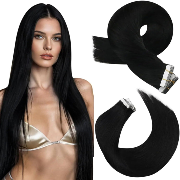 Moresoo Tape Extensions Echthaar Schwarz Invisible Tape in Extensions Echthaar 60cm Remy Haar Extens