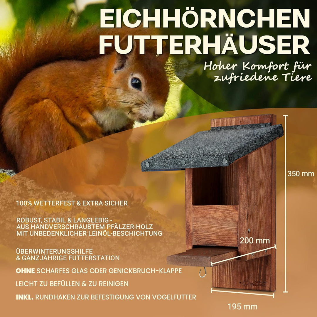 Eichhörnchen Futterhaus wetterfest aus pfälzer Holz – ohne Genickbruchklappe – Futterstation & Überw