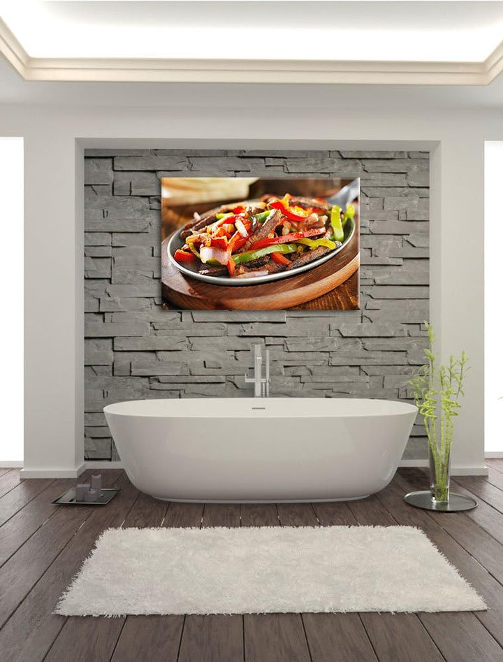 Fleischpfanne mit Paprika Format: 100x70 auf Leinwand, XXL riesige Bilder fertig gerahmt mit Keilrah