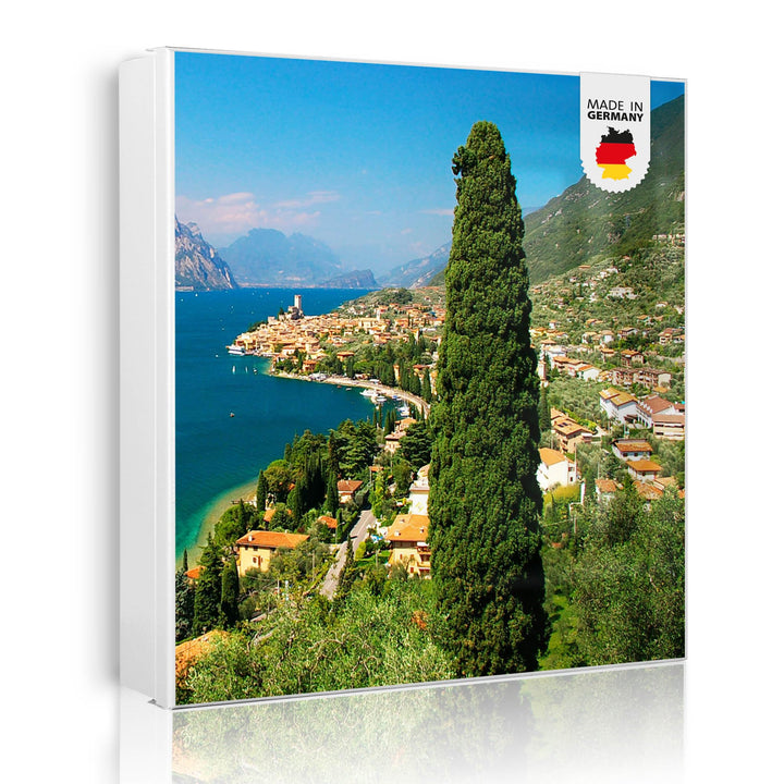 banjado® Grosser Schlüsselkasten Glas/Schlüsselbox 30cm x 30cm mit 50 Haken - Motiv Gardasee/Schlüss