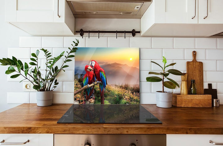 Papageien Pärchen Herdabdeckplatte & Spritzschutz aus Echtglas | Für Herd-Kochfelder | 60x52 cm