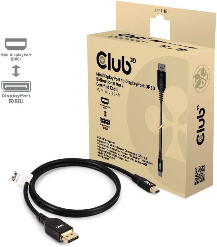 Club3D CAC-1116 MiniDisplayPort to DisplayPort DP80 Bidirectional Vesa Certified Cable 1m/ 3.28 ft,