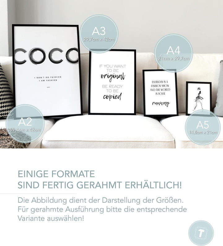 Papierschmiede® Premium Spruchposter Set 4er DIN A1, Motiv: Mode Ikone, Typografie Bilder Wohnzimmer