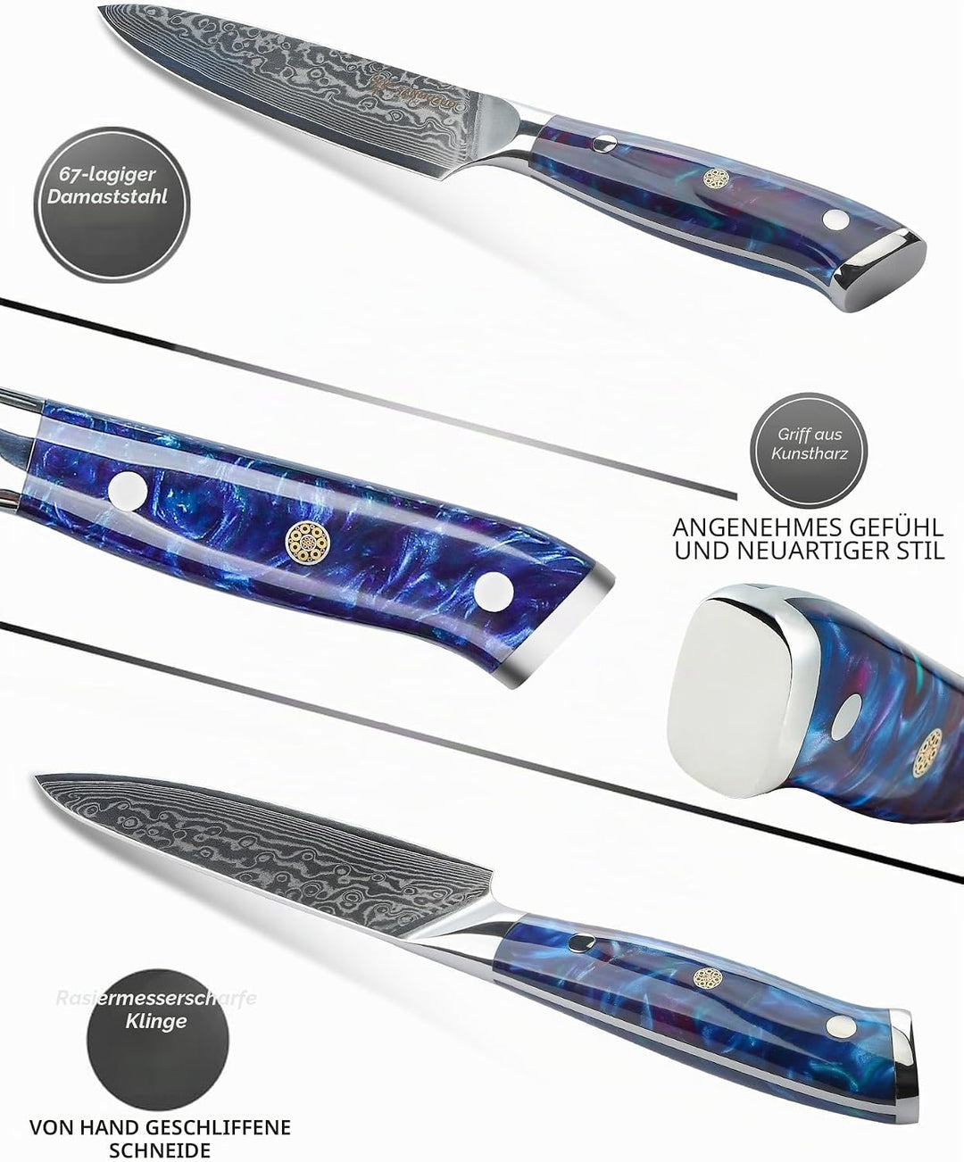 SANMUZUO Allzweckmesser Damastmesser 13 cm Klingenlänge - Japanisches Kochmesser - VG 10 Damaskus St