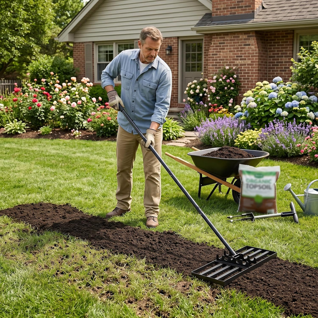 Lawn Leveling Rake Rakel 75x25 cm Schwarz, Verstellbarer Nivellierrechen 95,5–185 cm mit Edelstahl-G