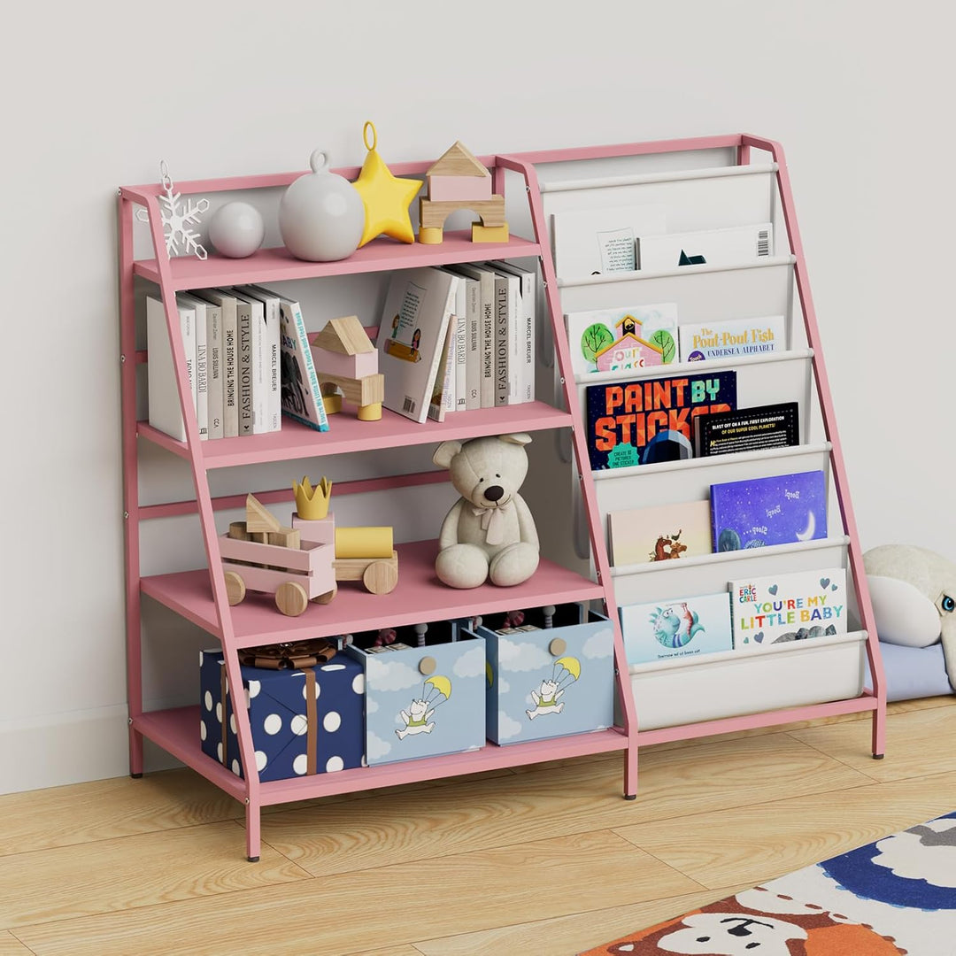 KEEPREAPER Bücherregal Kinder Metall mit 5 Fächern und 3 Ablagen, Kinderregal Montessori Spielzeug-O
