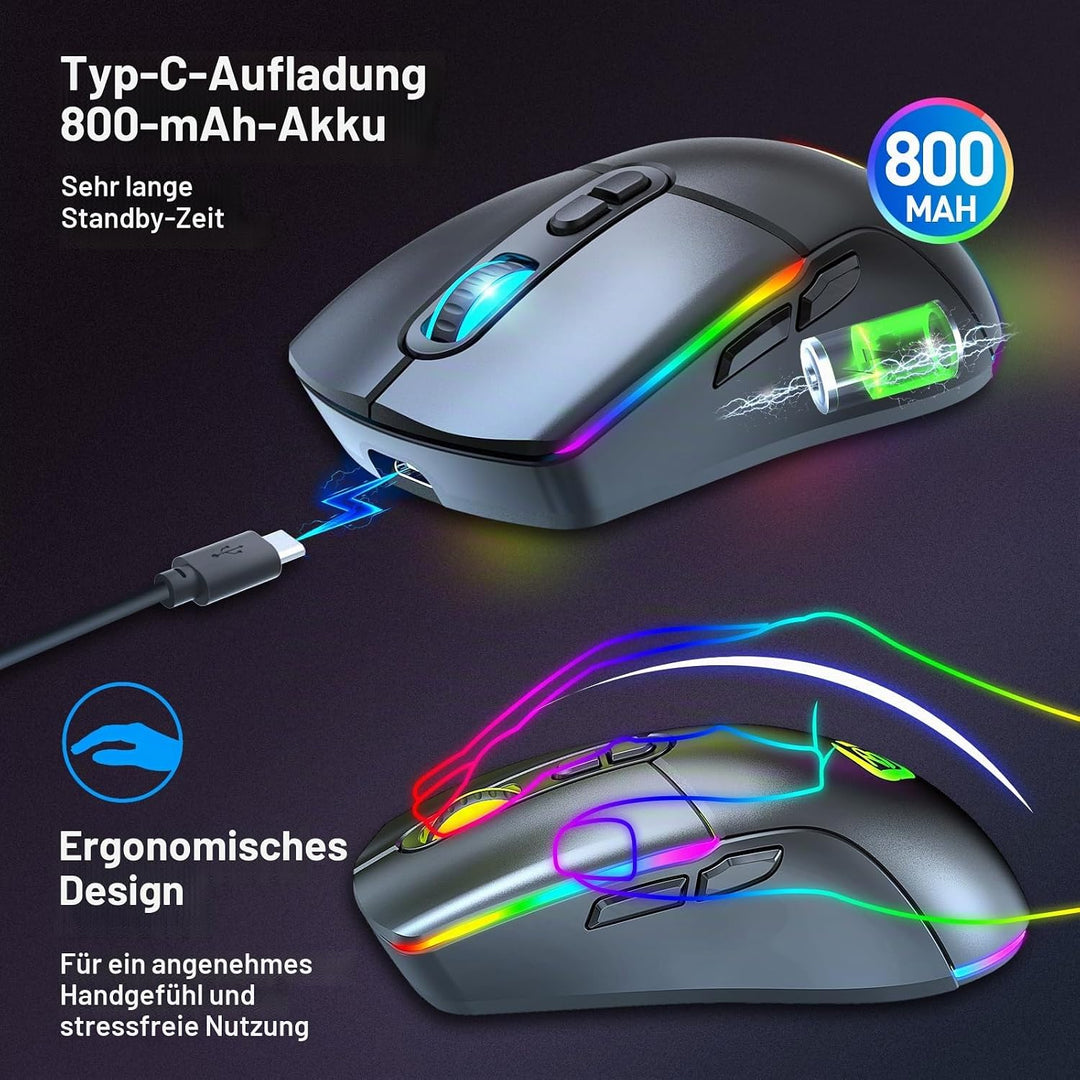 Kabellose Gaming Maus, Dual Mode 2.4GHz/Bluetooth 5.1 Maus Gaming, RGB LED Hintergrundbeleuchtung, E