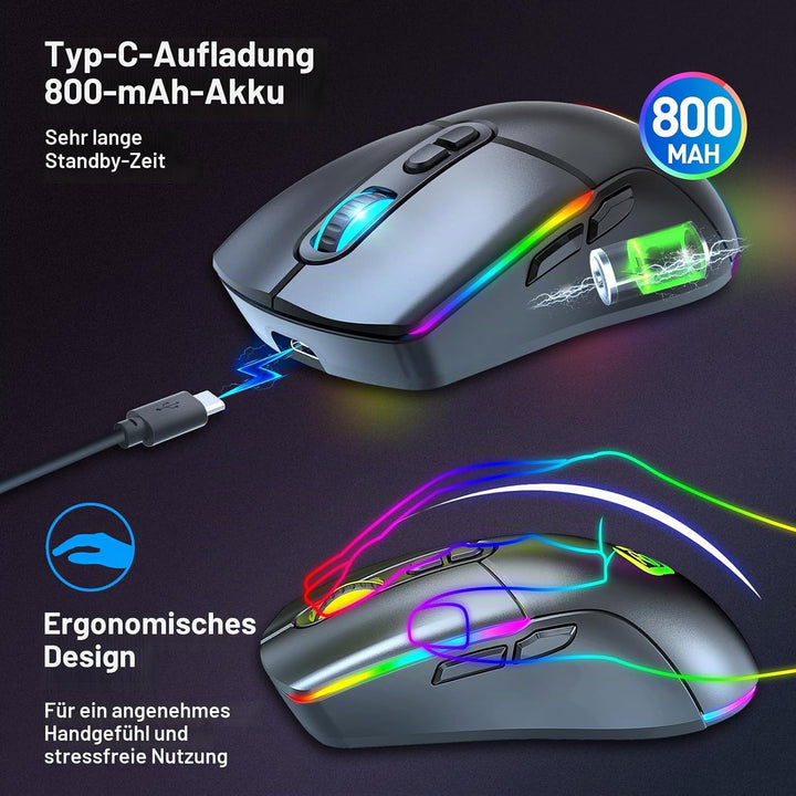 Kabellose Gaming Maus, Dual Mode 2.4GHz/Bluetooth 5.1 Maus Gaming, RGB LED Hintergrundbeleuchtung, E