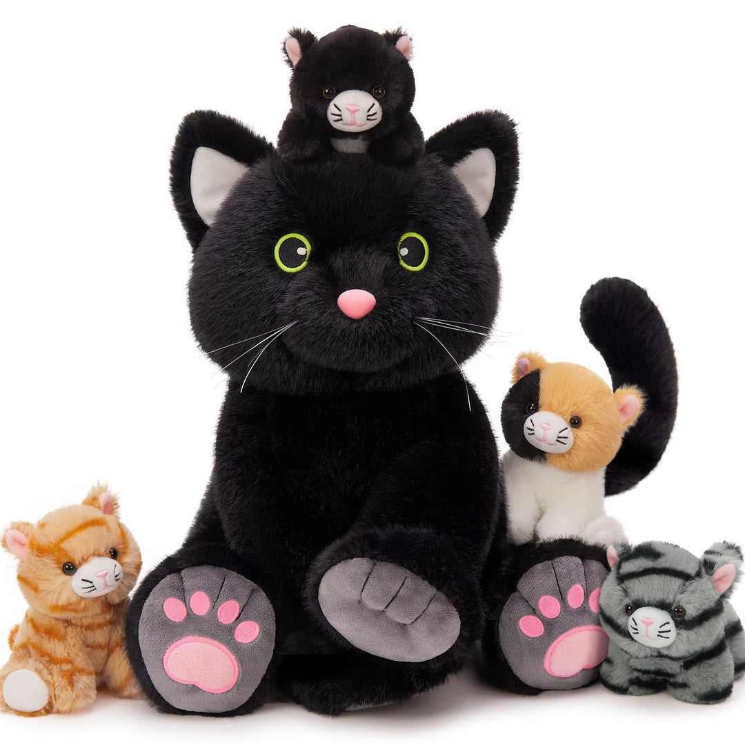 MorisMos 5 stücke Plüsch Katzen, 40cm hoch riesen schwarz Katze Kuscheltier XXL mit Kätzchen Baby im