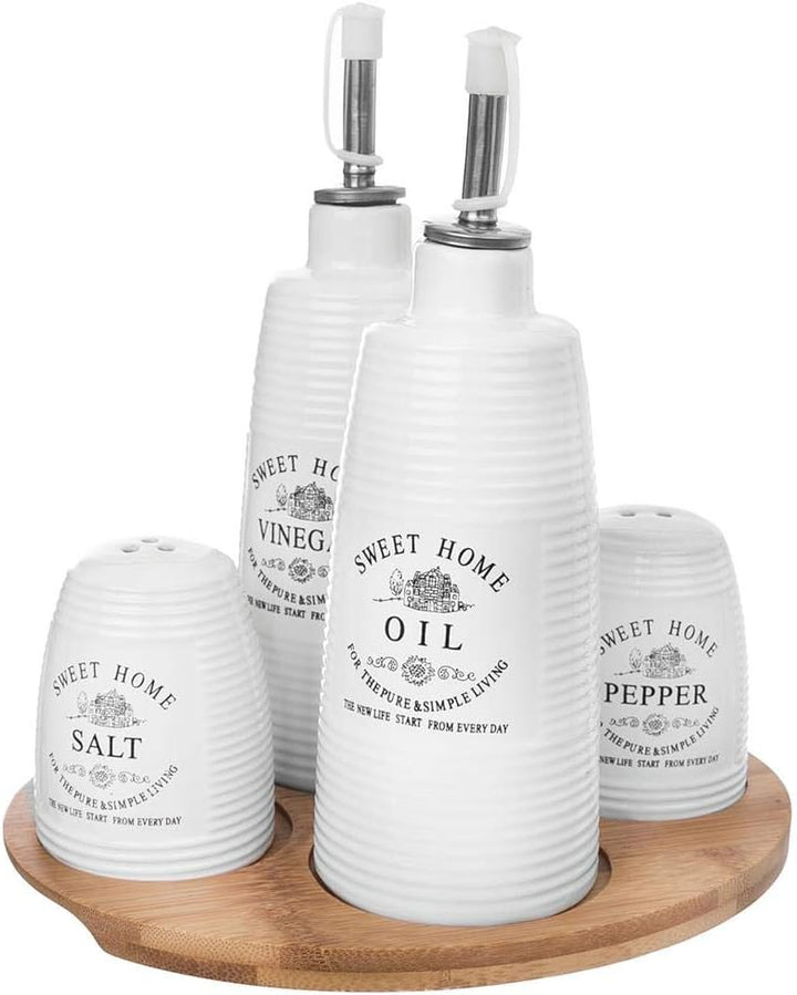 Gewürzset Menage Porzellan mit Bambus Holz Tablett Sweet Home Collection für Öl Und Essig Salz Pfeff