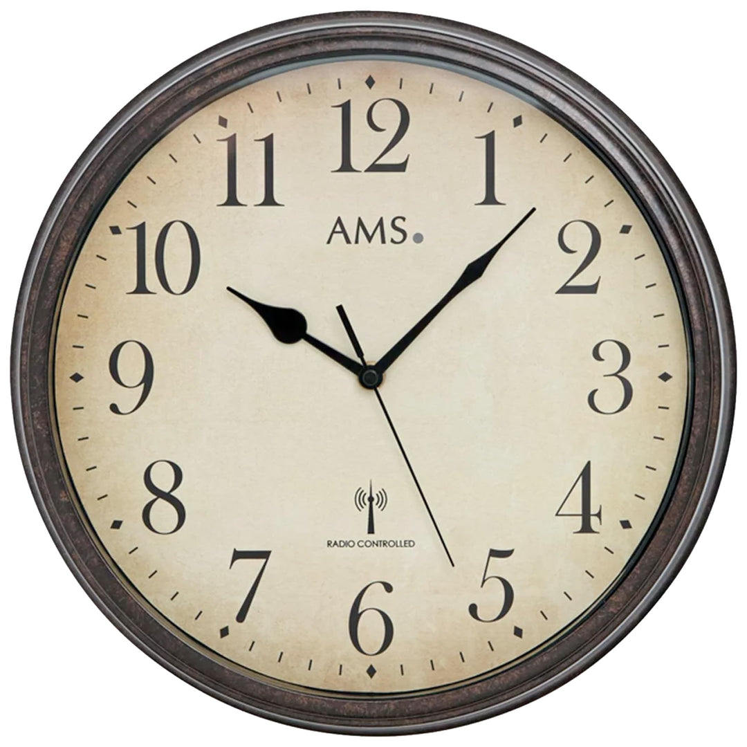 AMS 5962 Wanduhr Funkuhr Wand Vintage Uhr Style Metallgehäuse in antiker Holz-Optik Dekouhr