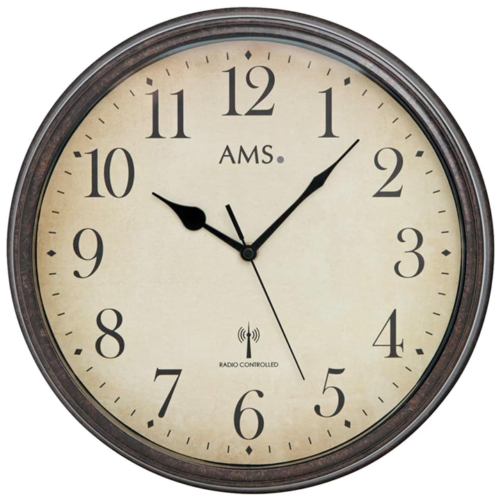 AMS 5962 Wanduhr Funkuhr Wand Vintage Uhr Style Metallgehäuse in antiker Holz-Optik Dekouhr