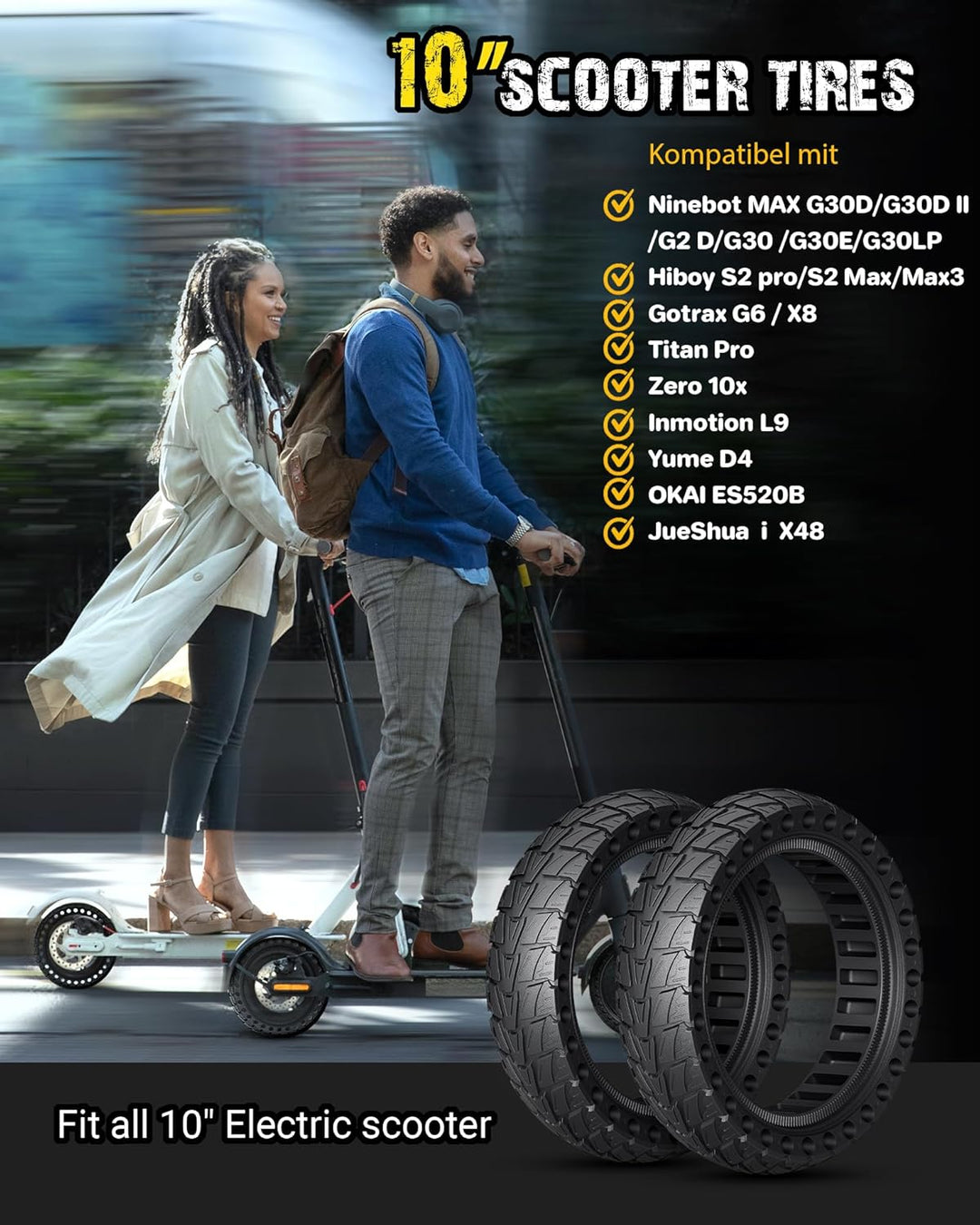 AHJ E-Scooter Reifen, 10 Zoll x 2.5 Vollgummi Ersatzreifen, Vollgummireifen für Ninebot Max G2d/G30/