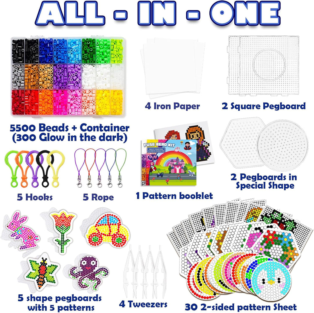 FunzBo Bügelperlen set 5mm mit Bügelperlen Platten Vorlagen Schablonen 5500PCS Steckperlen in 24 Far