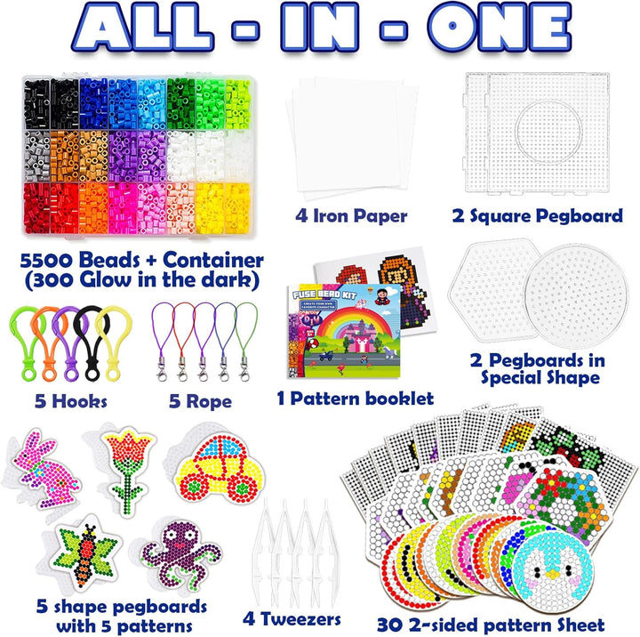 FunzBo Bügelperlen set 5mm mit Bügelperlen Platten Vorlagen Schablonen 5500PCS Steckperlen in 24 Far