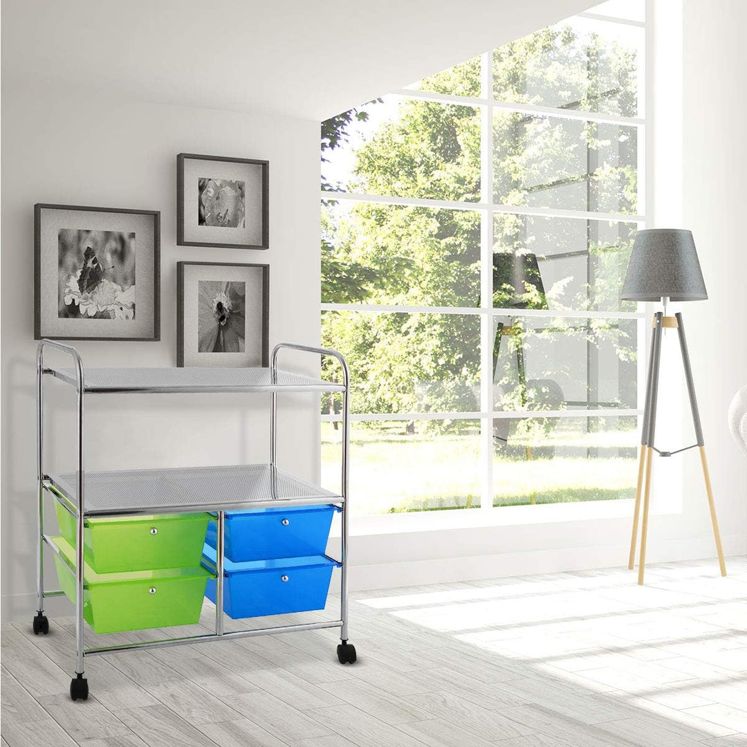 COSTWAY Rollwagen mit 4 stapelbaren Schubladen, Schubladenwagen Rollcontainer mit Metallgestell und