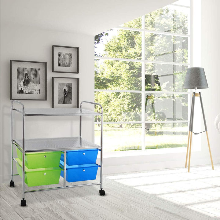 COSTWAY Rollwagen mit 4 stapelbaren Schubladen, Schubladenwagen Rollcontainer mit Metallgestell und