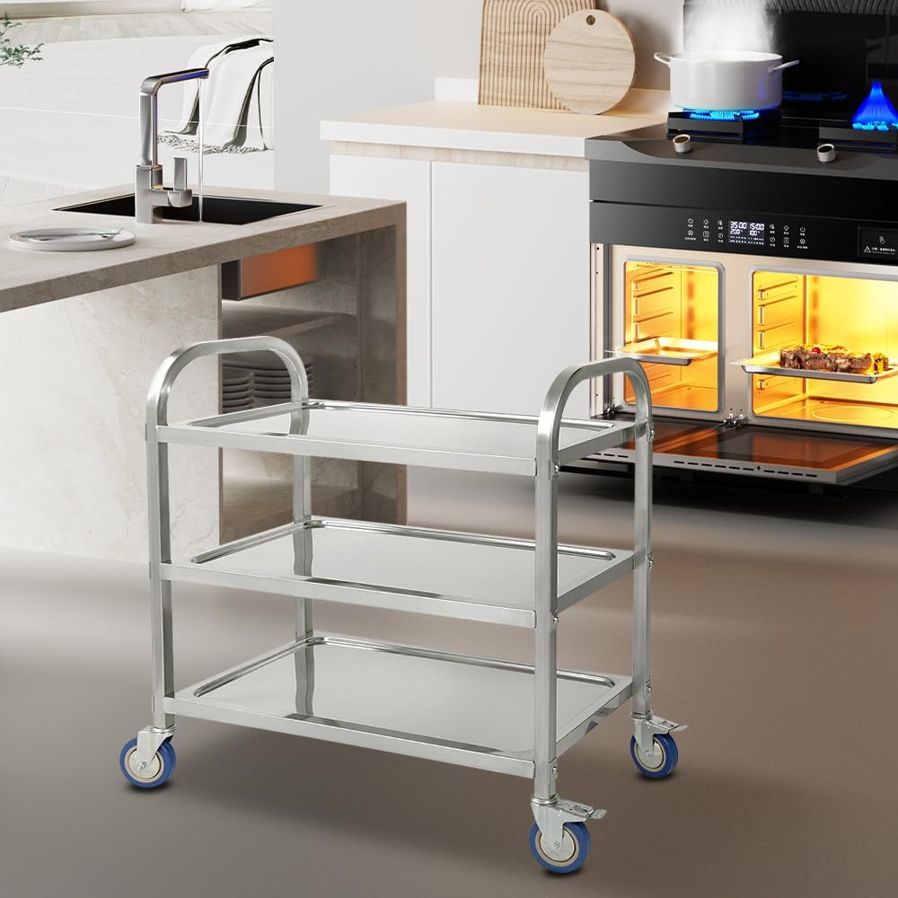LANTUS Servierwagen mit Rollen, 3 Regale, Servierwagen mit Rollen, 95 x 55 x 95 cm, silberfarben, Ed