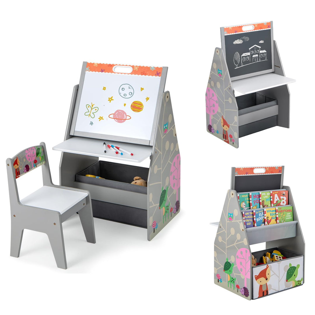 GOPLUS Kinderstaffelei Spieltisch mit Stuhl, Kindertisch und Stuhl-Set mit drehbarer doppelseitiger