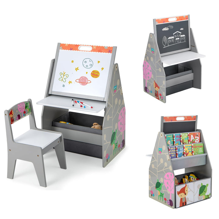 GOPLUS Kinderstaffelei Spieltisch mit Stuhl, Kindertisch und Stuhl-Set mit drehbarer doppelseitiger