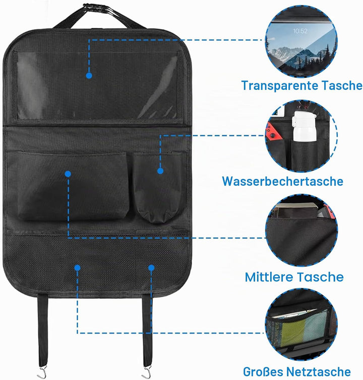 Auto Rückenlehnenschutz mit Organizer, Wasserdichter Oxford Stoff, Rücksitz Aufbewahrung (A), B