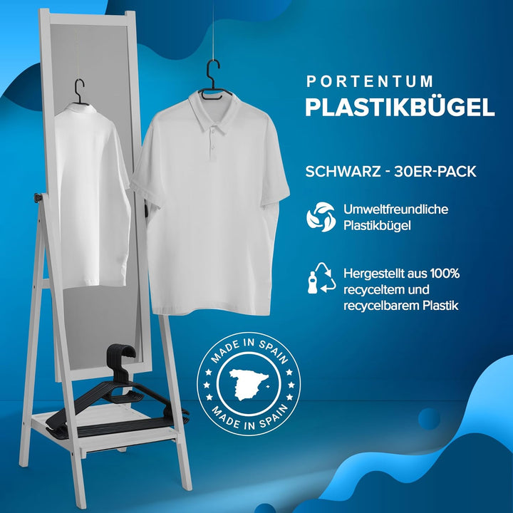 PORTENTUM Kleiderbügel aus 100% Recyceltem Kunststoff, 30 Stück, Schwarz - 360º Drehbarer Haken, Pla