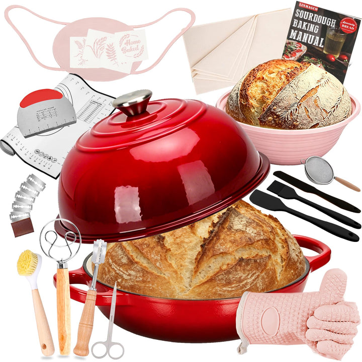 LINMAGCO Gusseisen Brotbacktopf mit Deckel & Gärkorb – Emaille Dutch Oven für Sauerteigbrot – 4,6L B