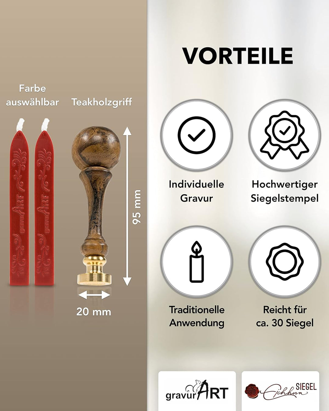 gravurART personalisierter Siegel-Stempel d20mm mit Initialen, 2 Buchstaben in Schreibschrift, 2 Sta