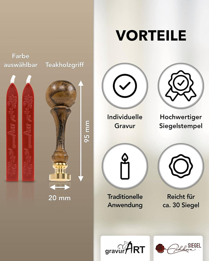 gravurART personalisierter Siegel-Stempel d20mm mit Initialen, 2 Buchstaben in Schreibschrift, 2 Sta