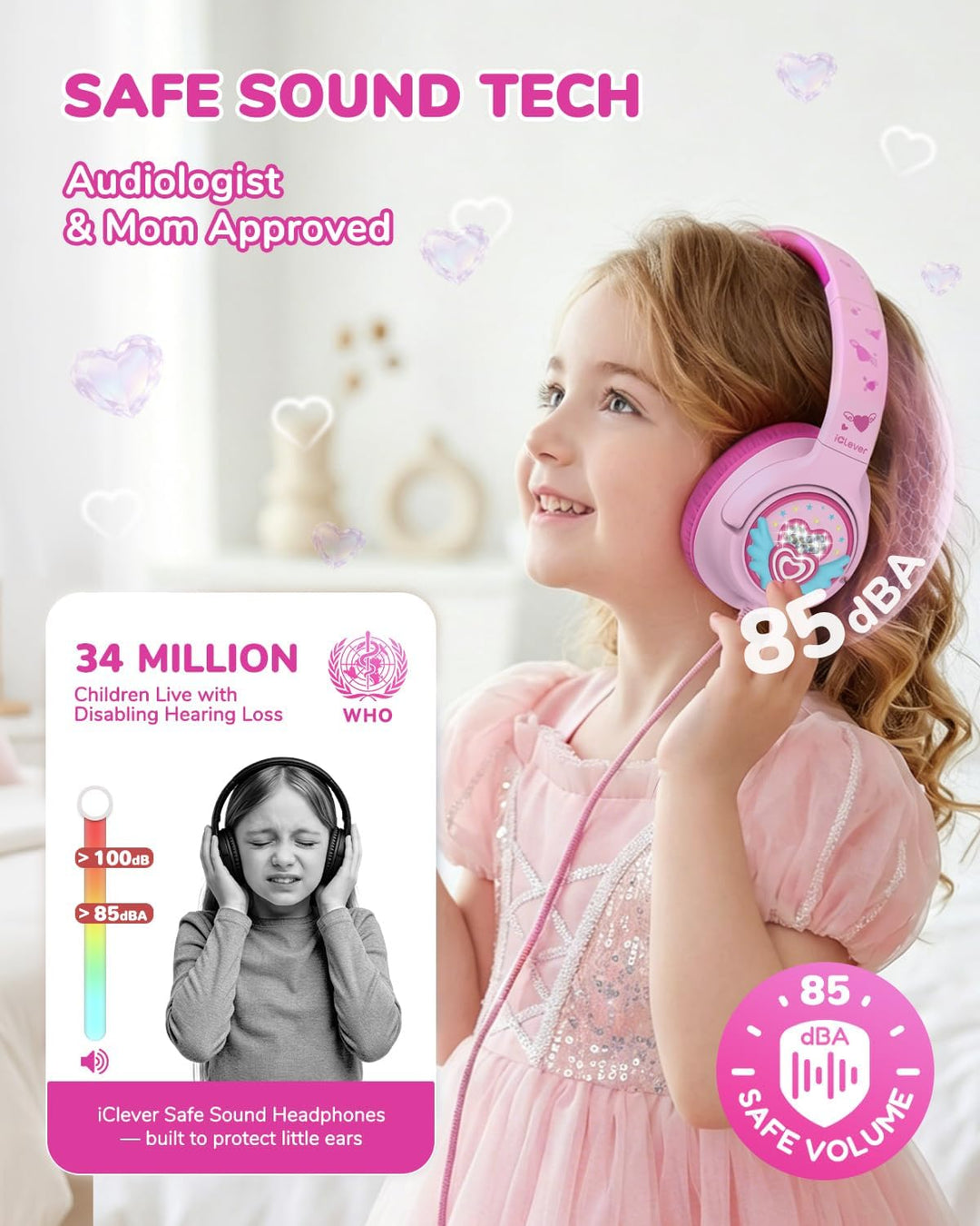 iClever Mädchen Kopfhörer Kinder mit 3,5 mm Kabel für Schule/Tablet/Reisen | SafeSound Tech 3.0, Ste