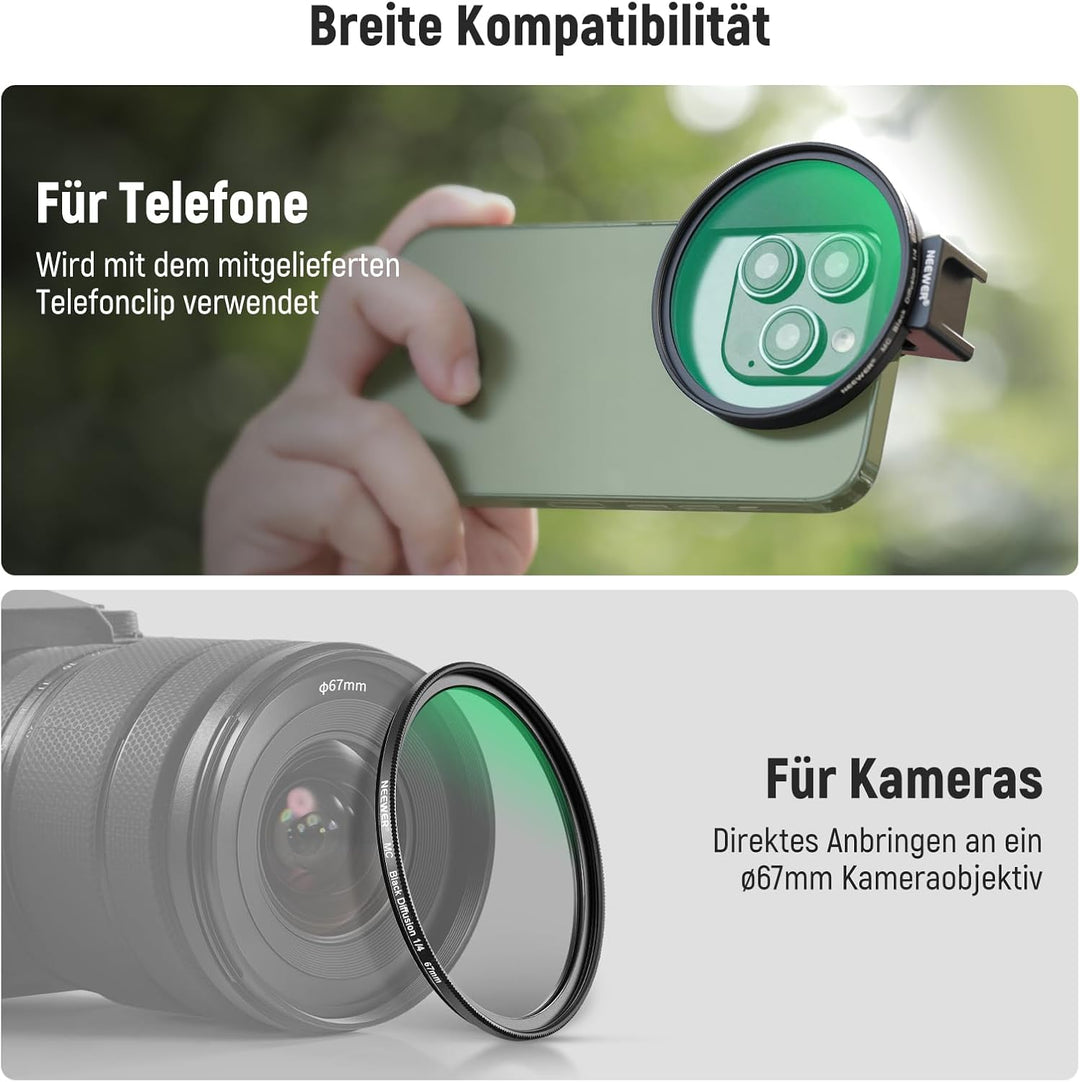 NEEWER 67 mm 1/4 schwarzer Diffusionsfilter & Kaltschuh-Handyclip für Handy, inklusive Tragetasche u