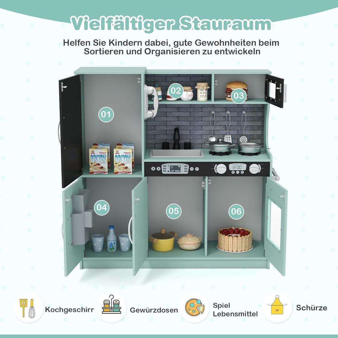 COSTWAY Kinderküche inkl. Zubehör, Spielküche Holz mit Tafel & Mikrowelle & Eismaschine, Spielzeugkü