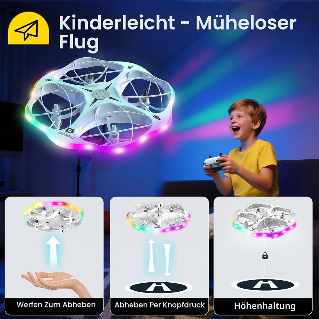 DEERC D13 Mini-Drohne für Kinder mit Hindernissvermeidung, 6 LED-Modi, kleines einfaches UFO-Spielze