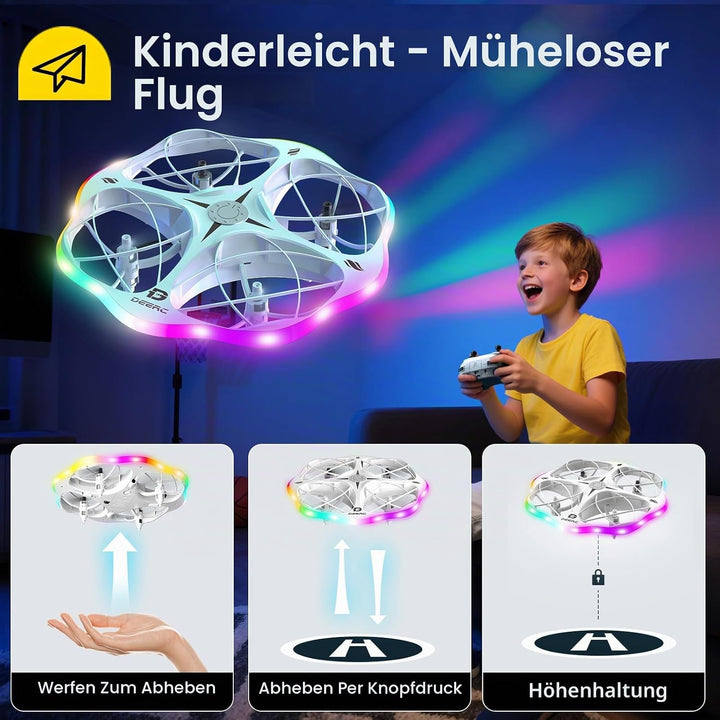 DEERC D13 Mini-Drohne für Kinder mit Hindernissvermeidung, 6 LED-Modi, kleines einfaches UFO-Spielze