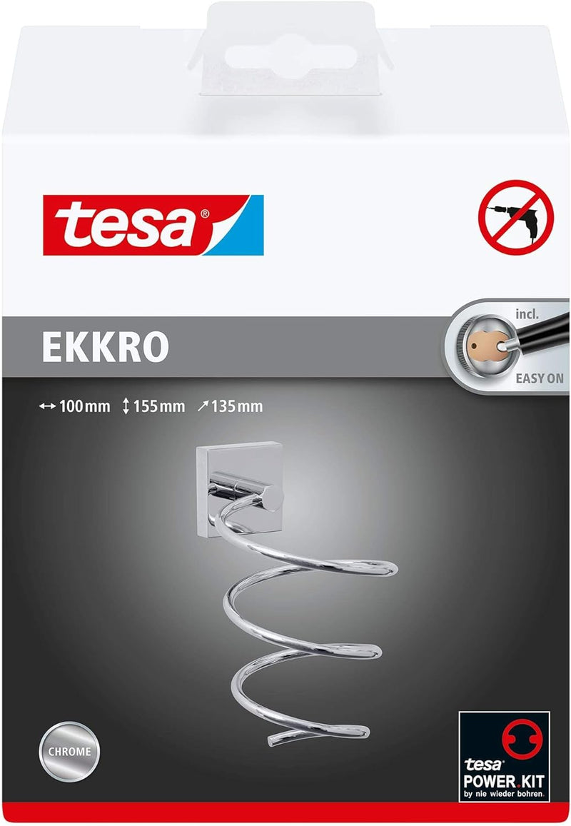tesa EKKRO Föhnhalter verchromt, spiralförmig - Haartrockner-Halter zur Wandbefestigung ohne Bohren,