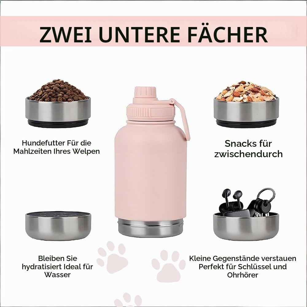 Pets Hundetrinkflasche für Unterwegs, 950ml Isolierte Edelstahl Trinkflasche Hunde mit Futterbehälte
