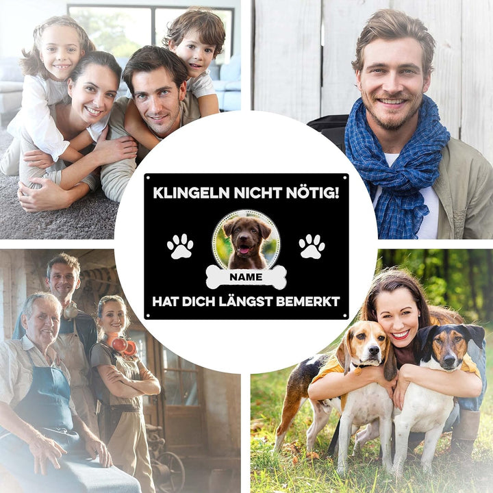 Hunde Schild personalisiert - Klingeln nicht nötig - Metallschild mit Foto und Name für aussen, wett