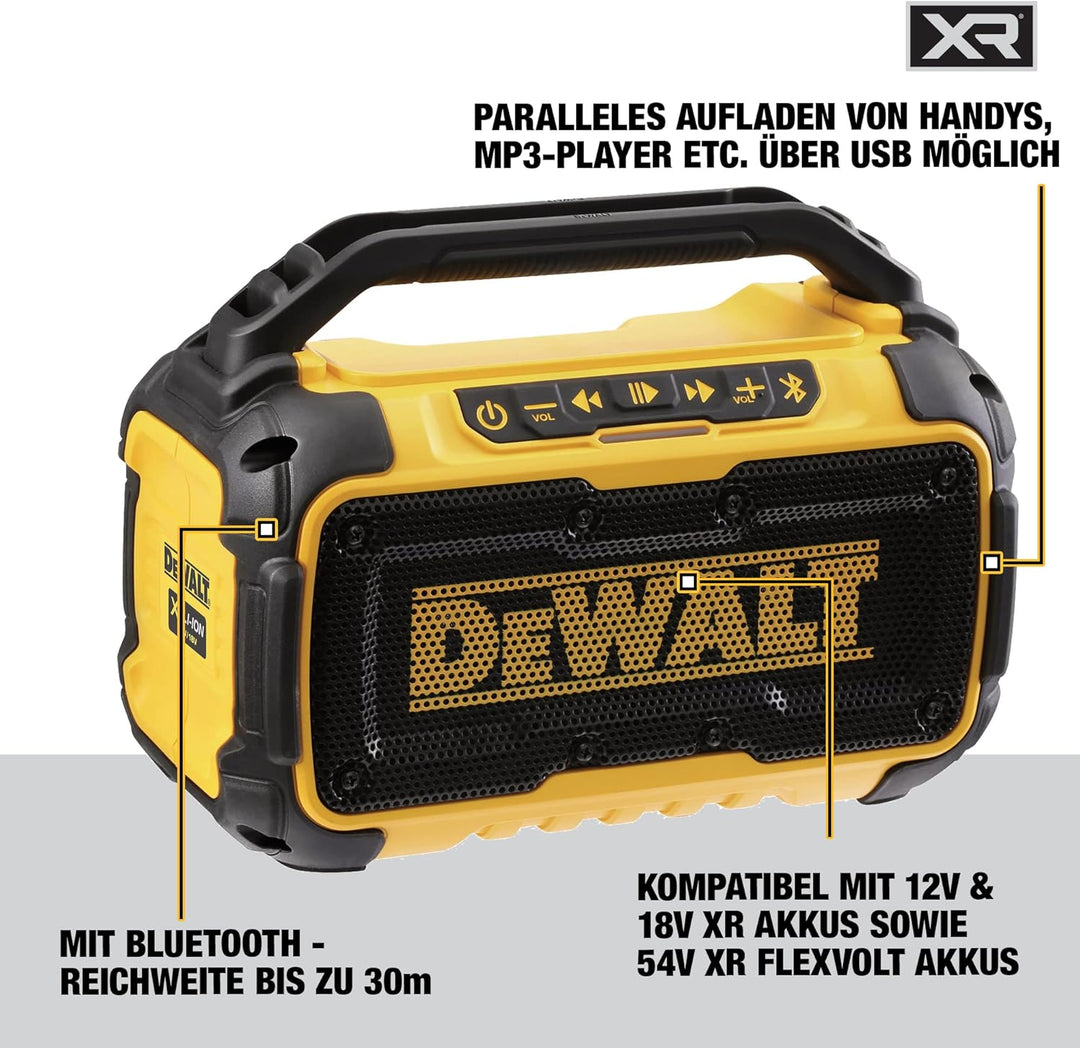 Dewalt Bluetooth Akku-Lautsprecher DCR011 (Stereo, extrem robust, mit Überrollbügel, AUX-Eingang 3,5
